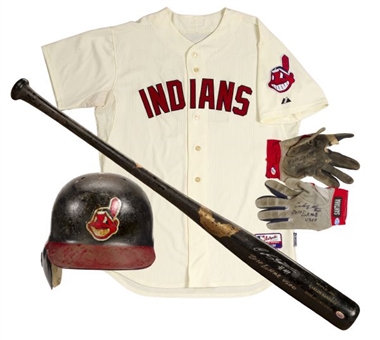2012/13 Carlos Santana Cleveland Indians Game Worn Home Jersey, Batting Helmet, Bat (PSA/DNA GU 10), and Signed Batting Gloves (MLB Authenticated)